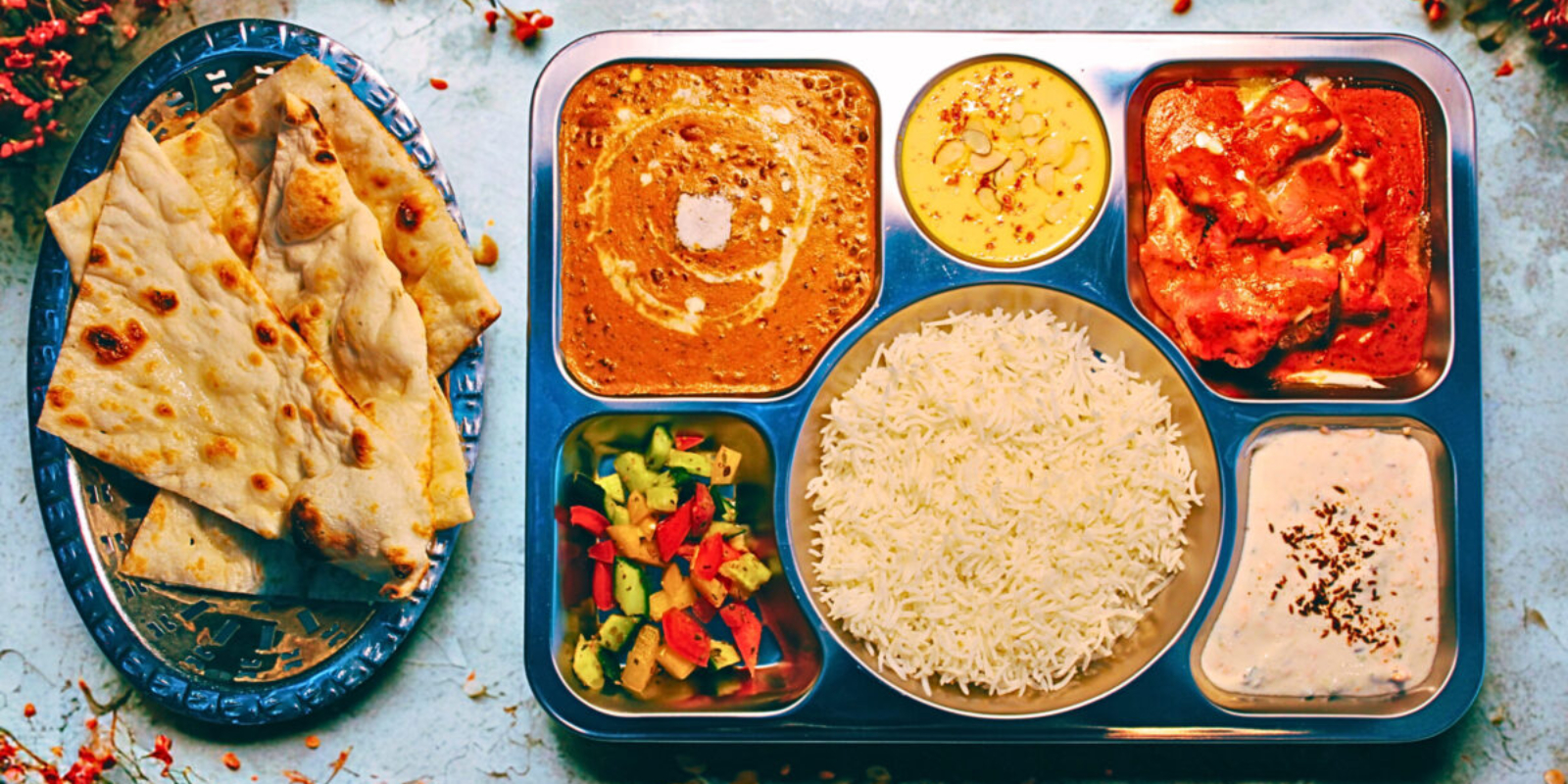 Lunch thali served on a Indian platter